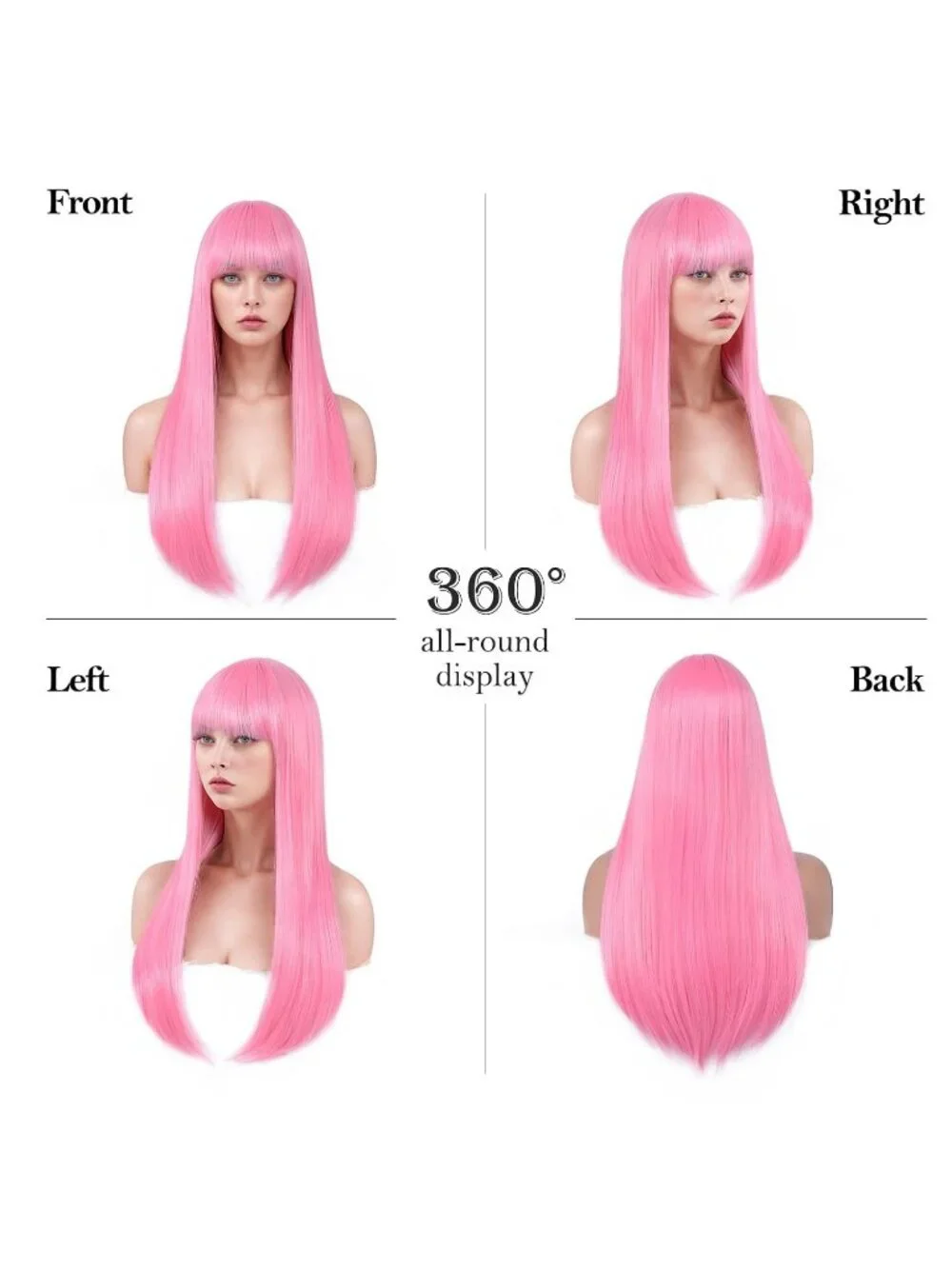 Women's Pink 24 Inch Heat Resistant Synthetic Long Straight Bangs Wig